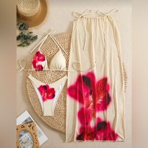 Floral Bikini & Sheer Skirt Set - 2 piece with cover up skirt